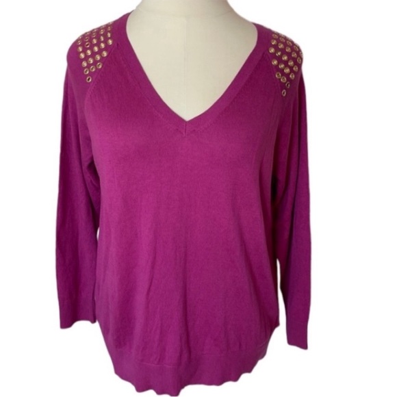 New Michael Kors Knit Sweater Purple Pink Peony V-Neck Grommets Luxe Macys $130 - Picture 1 of 16